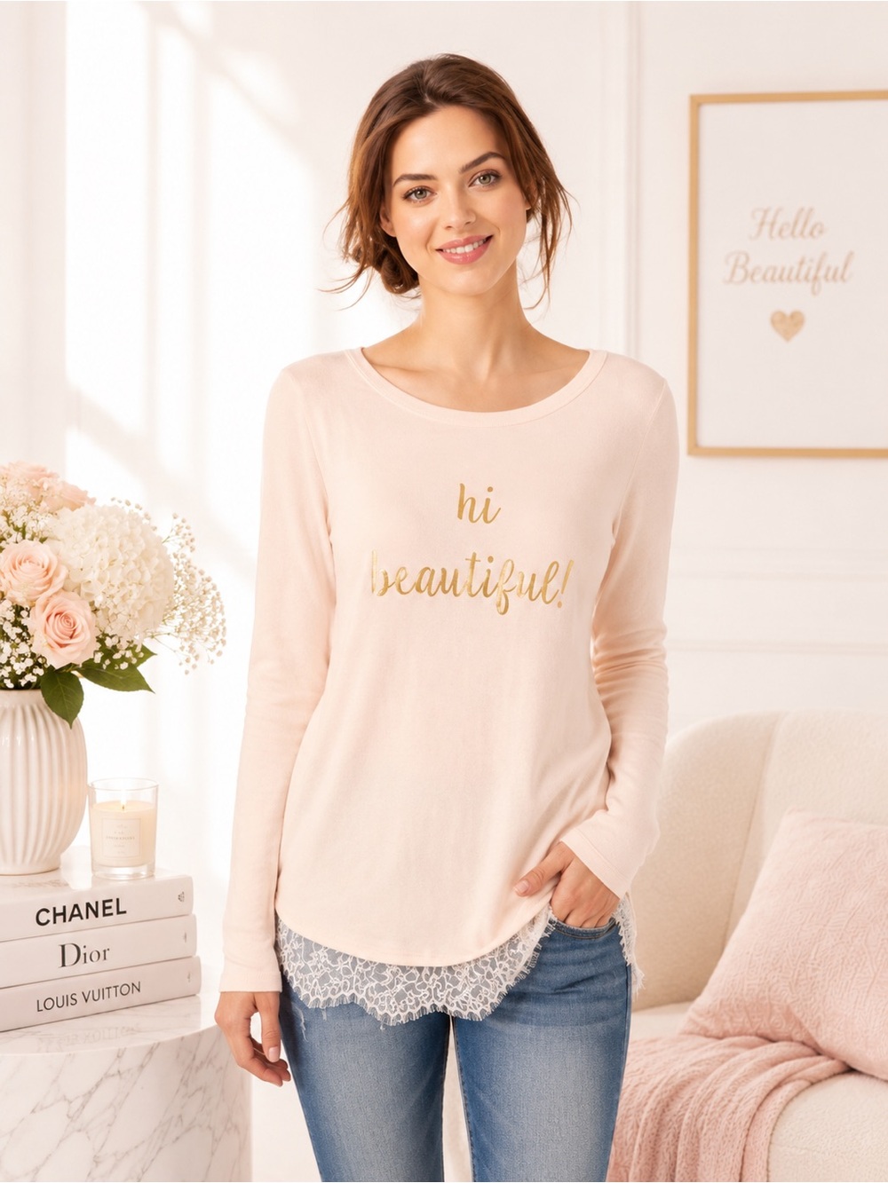 LC Lauren Conrad Pink “Hi Beautiful” Lace Hem Sweater Top Blush Large L